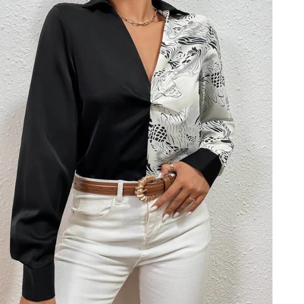 Sason Mixed Print Twist Front Two Tone V Neck Blouse Women's Size 4